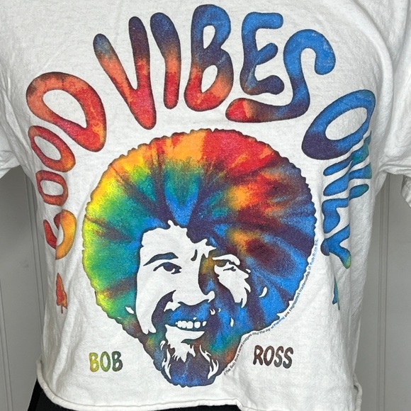 White 'Good Vibes Only' Bob Ross Crop T-Shirt Size Small - Picture 2 of 5